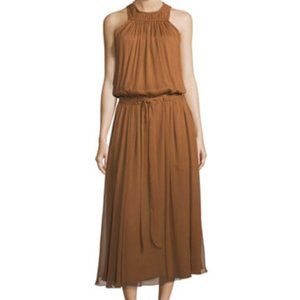 Halston Heritage High Neck Ruched Midi Dress Saffron Brown Small